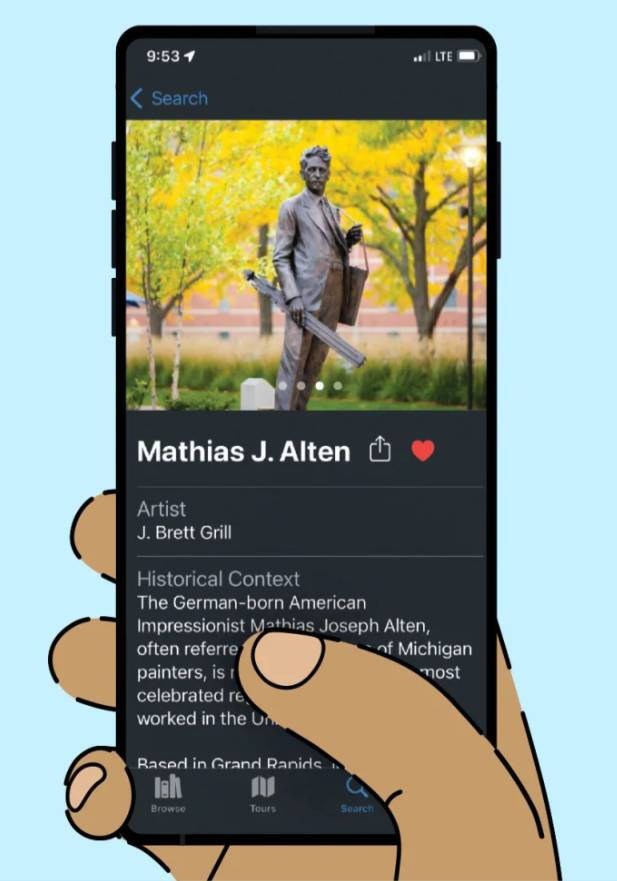 Cartoon image of a hand holding a phone using the Art at GVSU App.